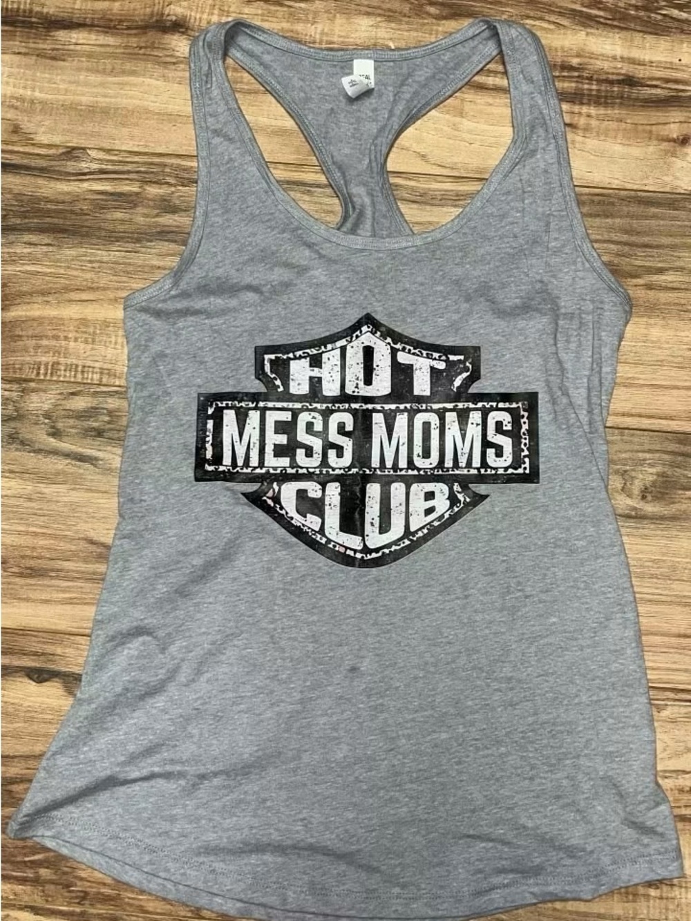 Women's Gray Racerback Scoop Neck Tank Top "Hot Mess Moms Club" Graphic Large